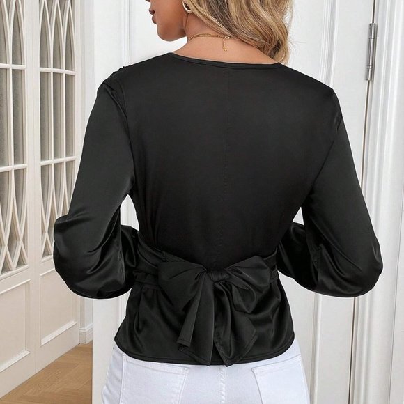 Black Preppy Womens Surplice Neck Lantern Sleeve Blouse - Picture 2 of 5